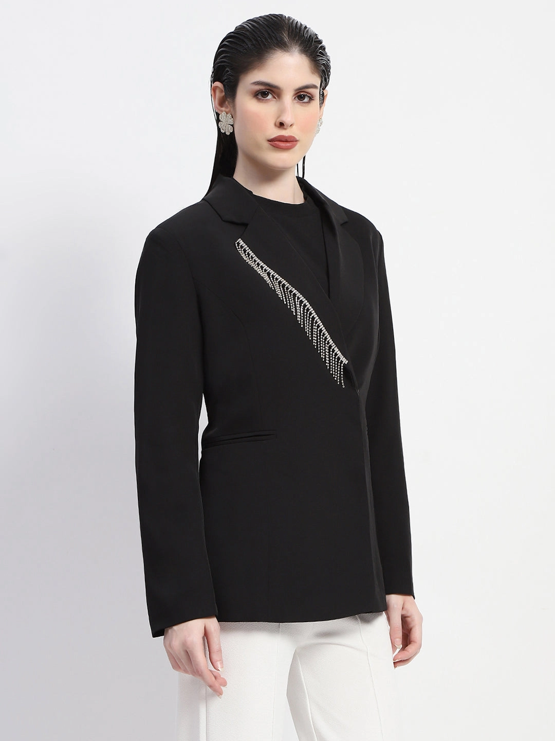 Madame Chain Adorned Notched Lapel Neckline Black Blazer Thick Insulation Breathable Softshell Layer