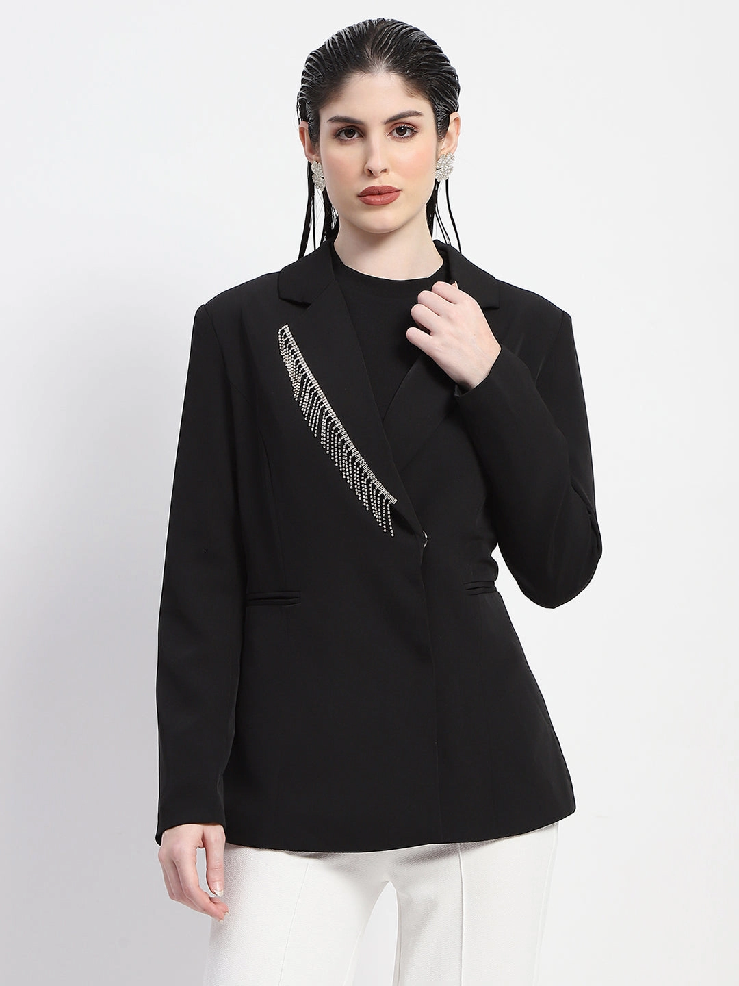 Madame Chain Adorned Notched Lapel Neckline Black Blazer Modular Attachment Points Primaloft Insulation
