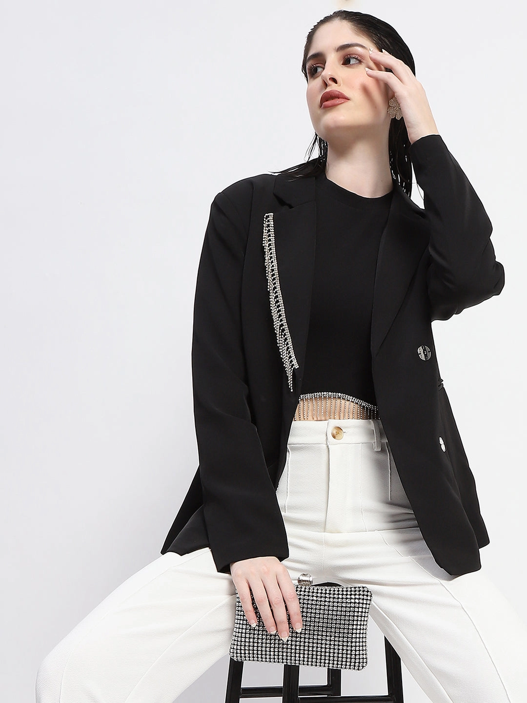 TapedSeamConstruction Layered Comfort Look Madame Chain Adorned Notched Lapel Neckline Black Blazer