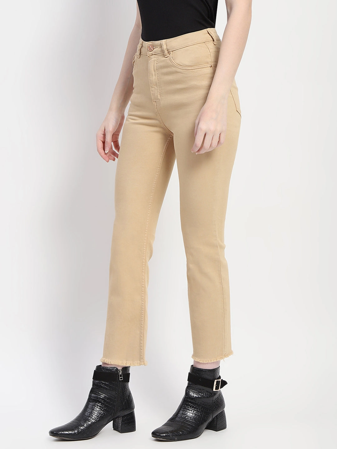 Madame Frayed Hem Flared Beige Denim Sustainable Trend Setter Versatile
