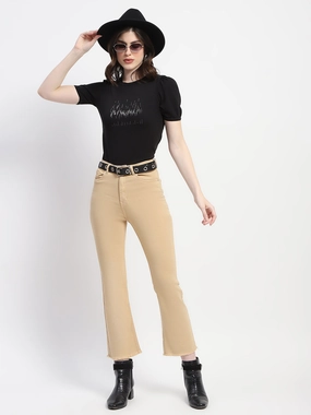 Madame Frayed Hem Flared Beige Denim Winter Warmth Sustainable
