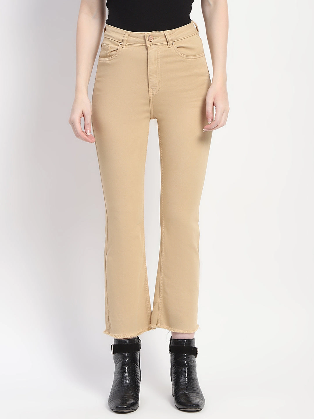 Madame Frayed Hem Flared Beige Denim Winter Warmth Minimalist