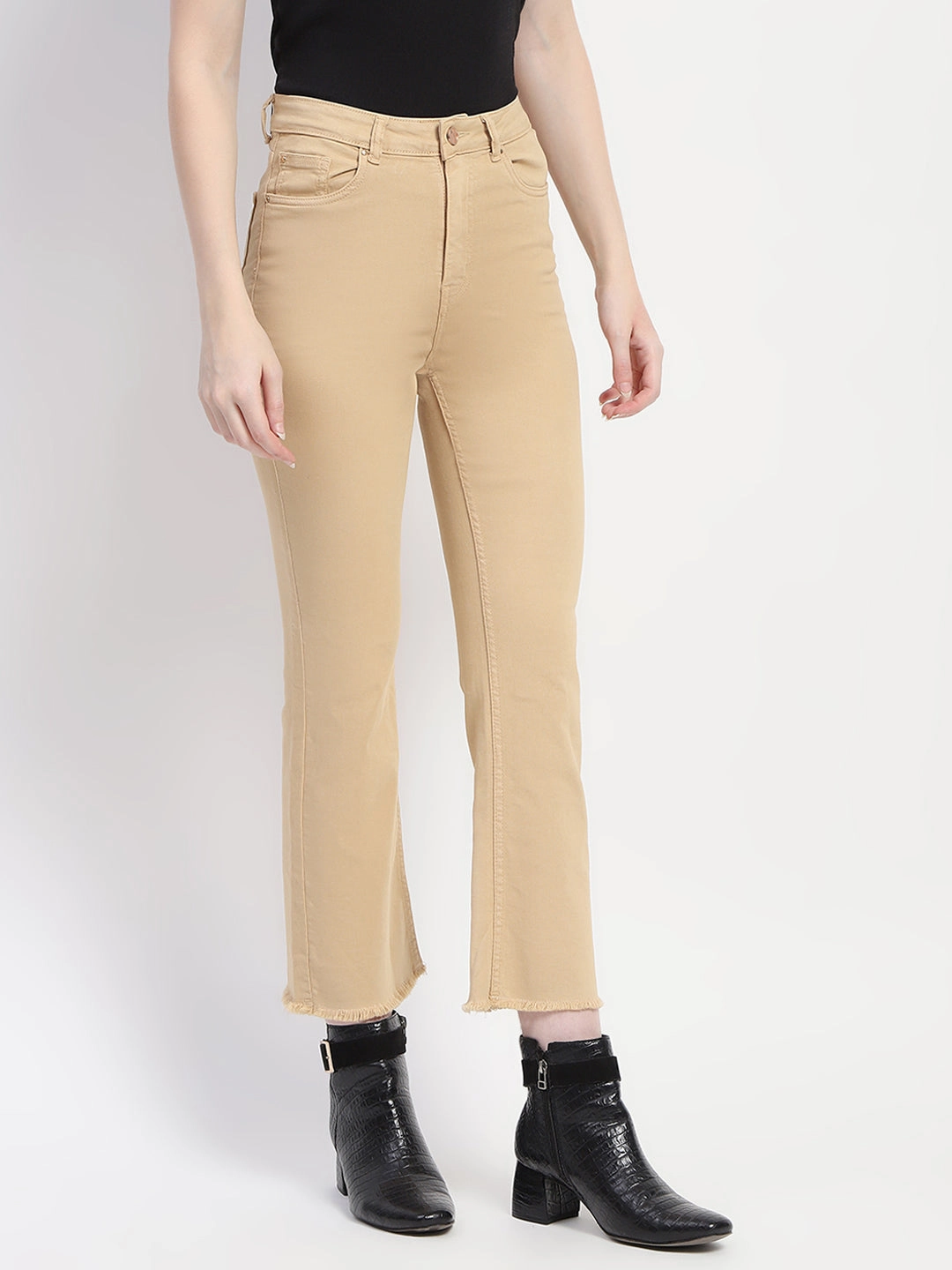 Madame Frayed Hem Flared Beige Denim Calm Aesthetic Closet Staple