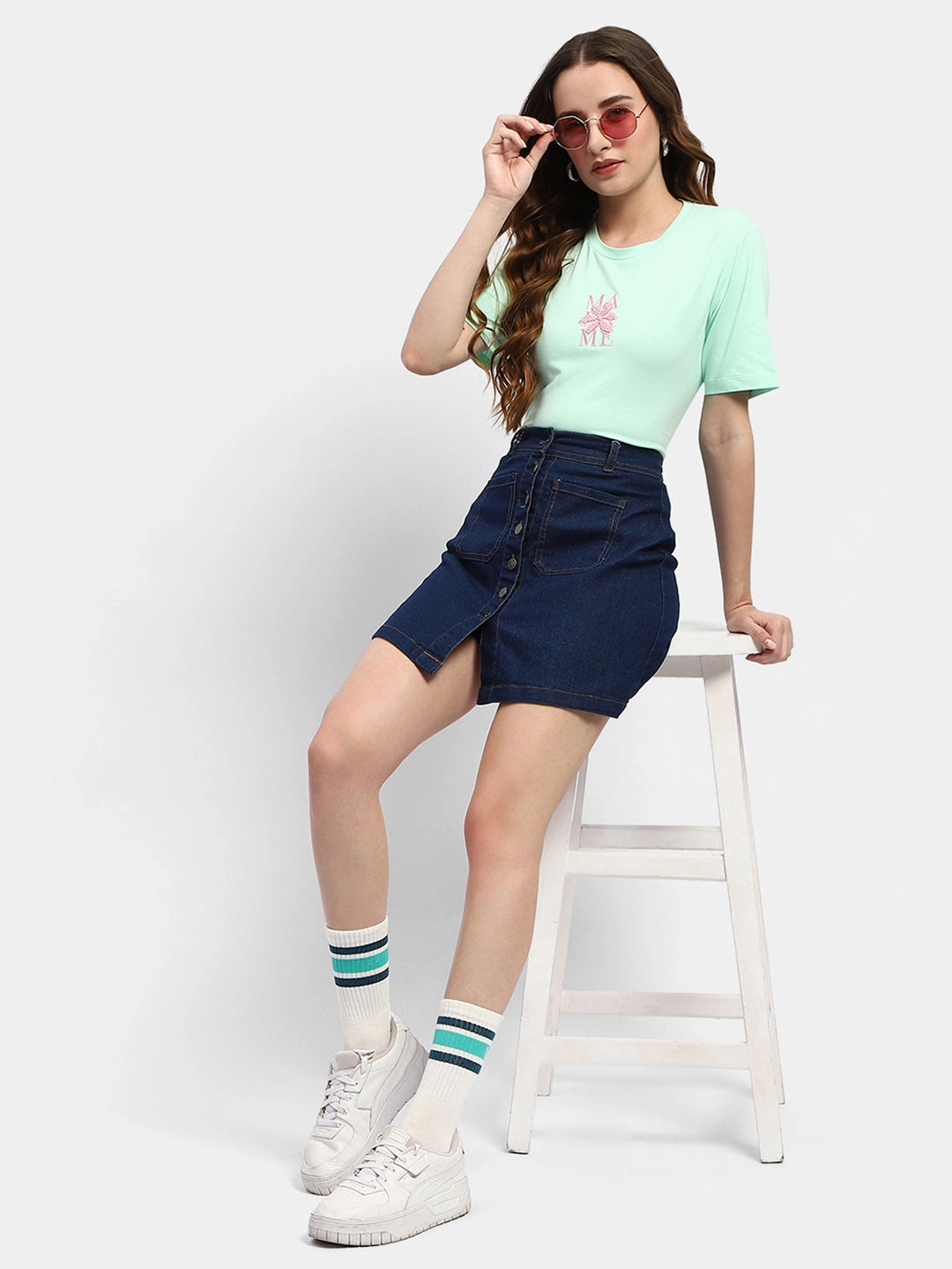 Easy to Style Fashion-Ready Madame Embroidered Mint Green Regular T-Shirt