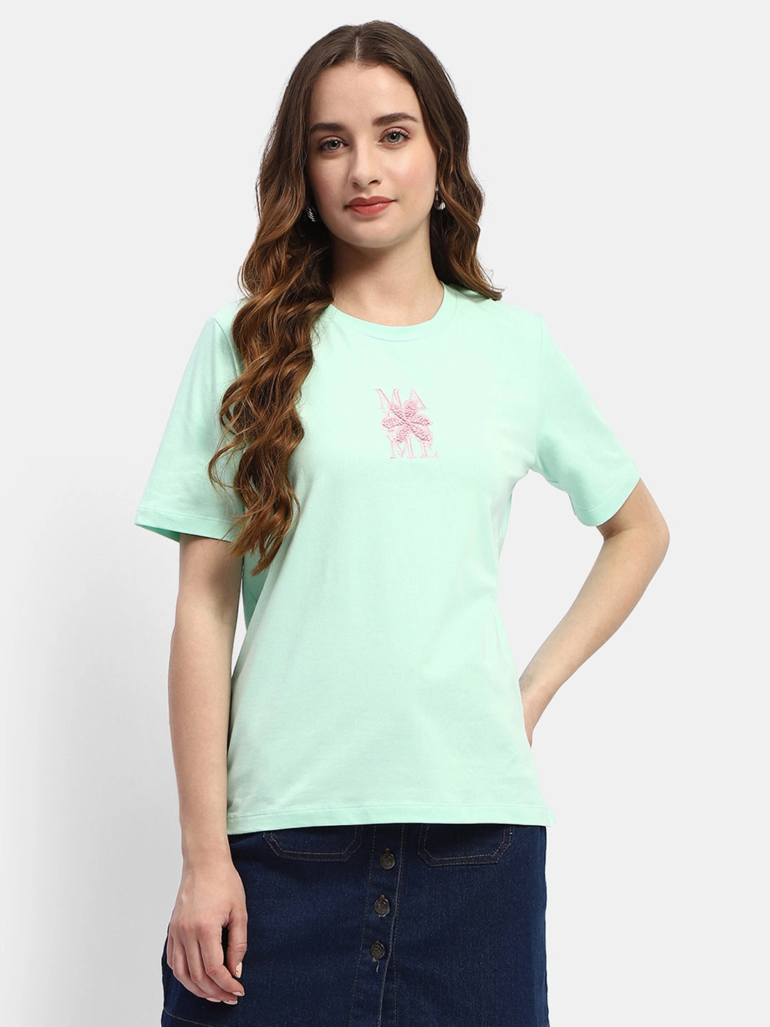 Classic Wearable Madame Embroidered Mint Green Regular T-Shirt