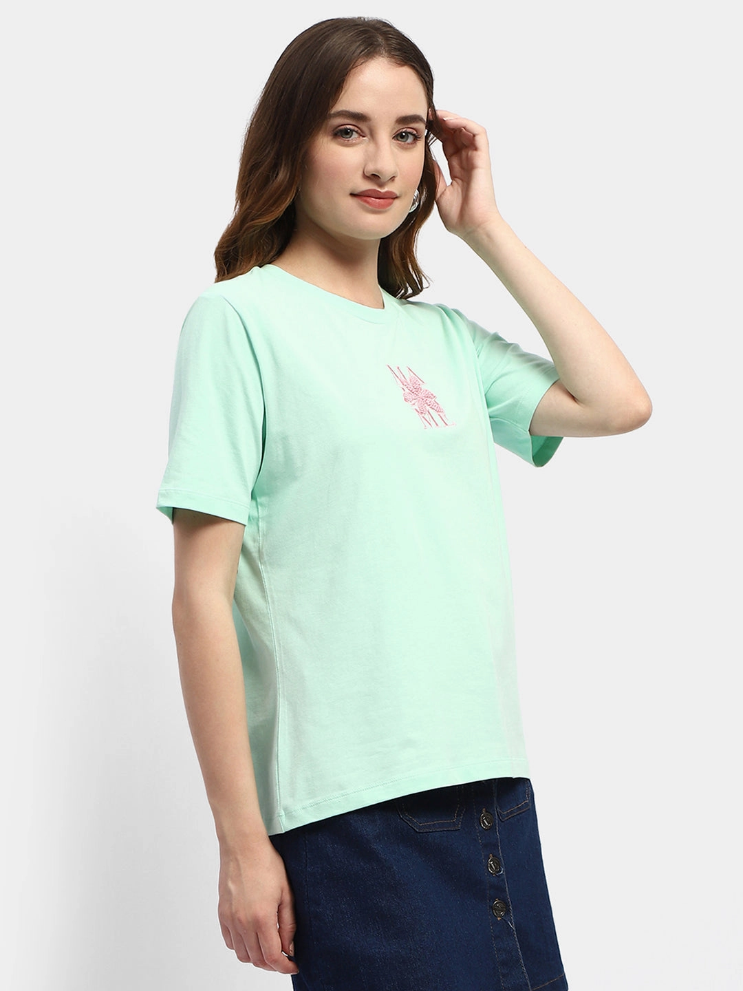 Madame Embroidered Mint Green Regular T-Shirt slim fit