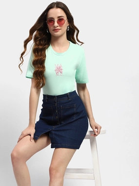 Madame Embroidered Mint Green Regular T-Shirt Anti Odor Treatment Soft and durable