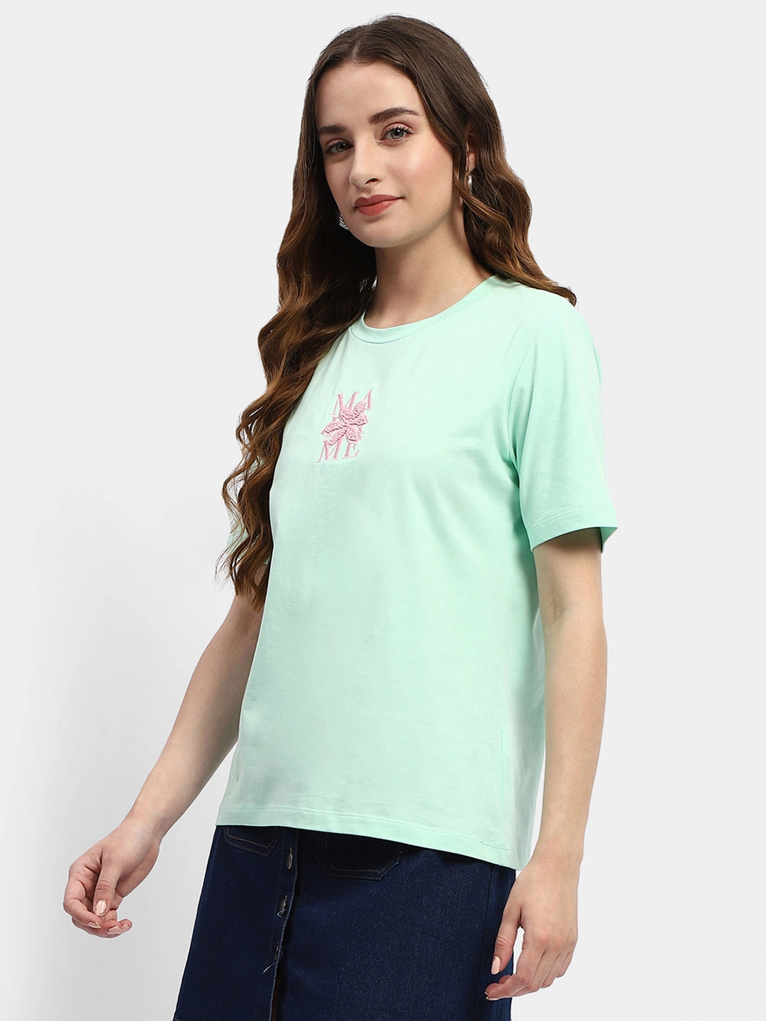 Madame Embroidered Mint Green Regular T-Shirt Effortless Wearable
