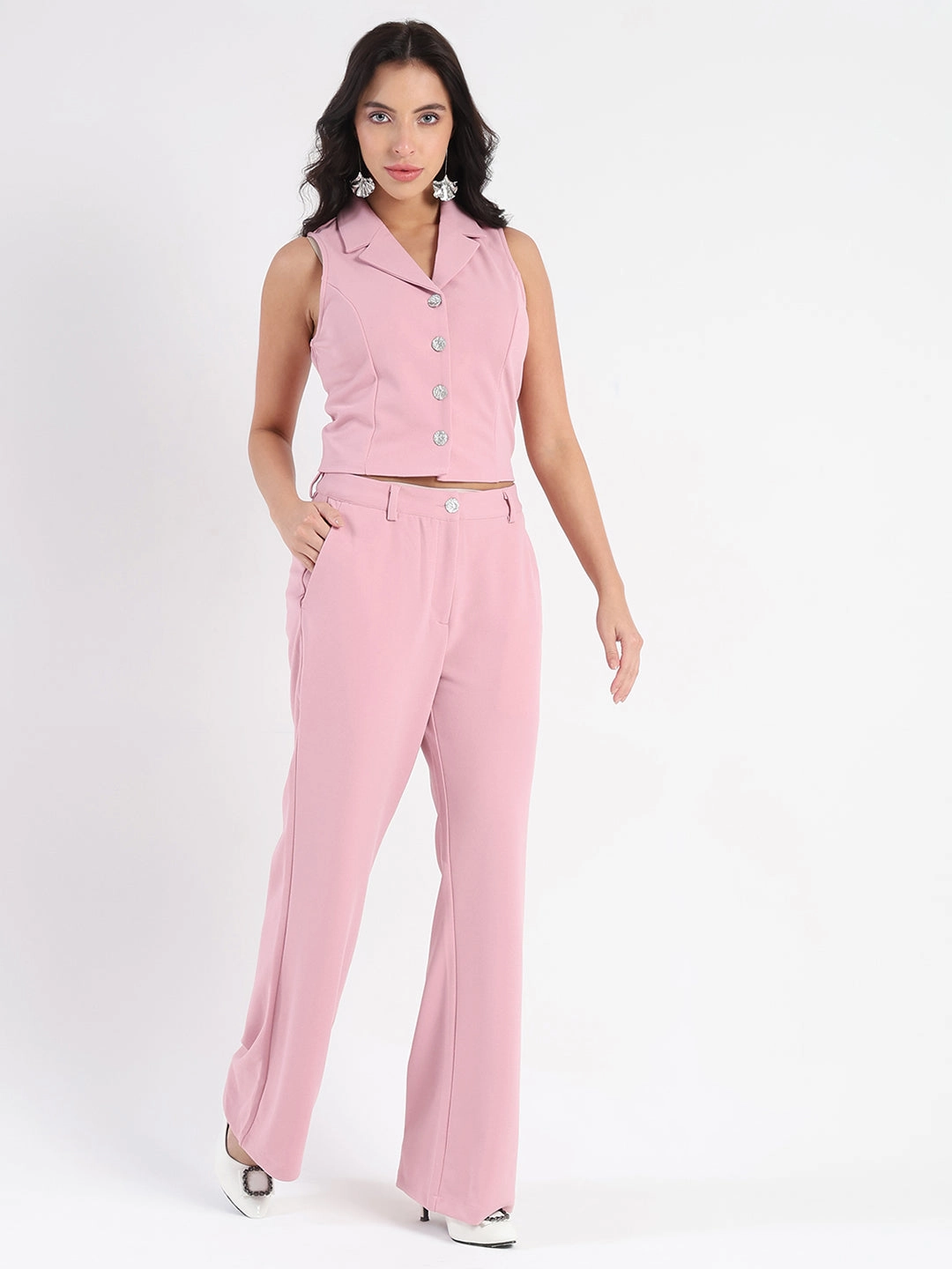 Madame Crop Top and Side Slit Trousers Knit Moss Blush Pink Co-ord Set Lounge Texture Style Option