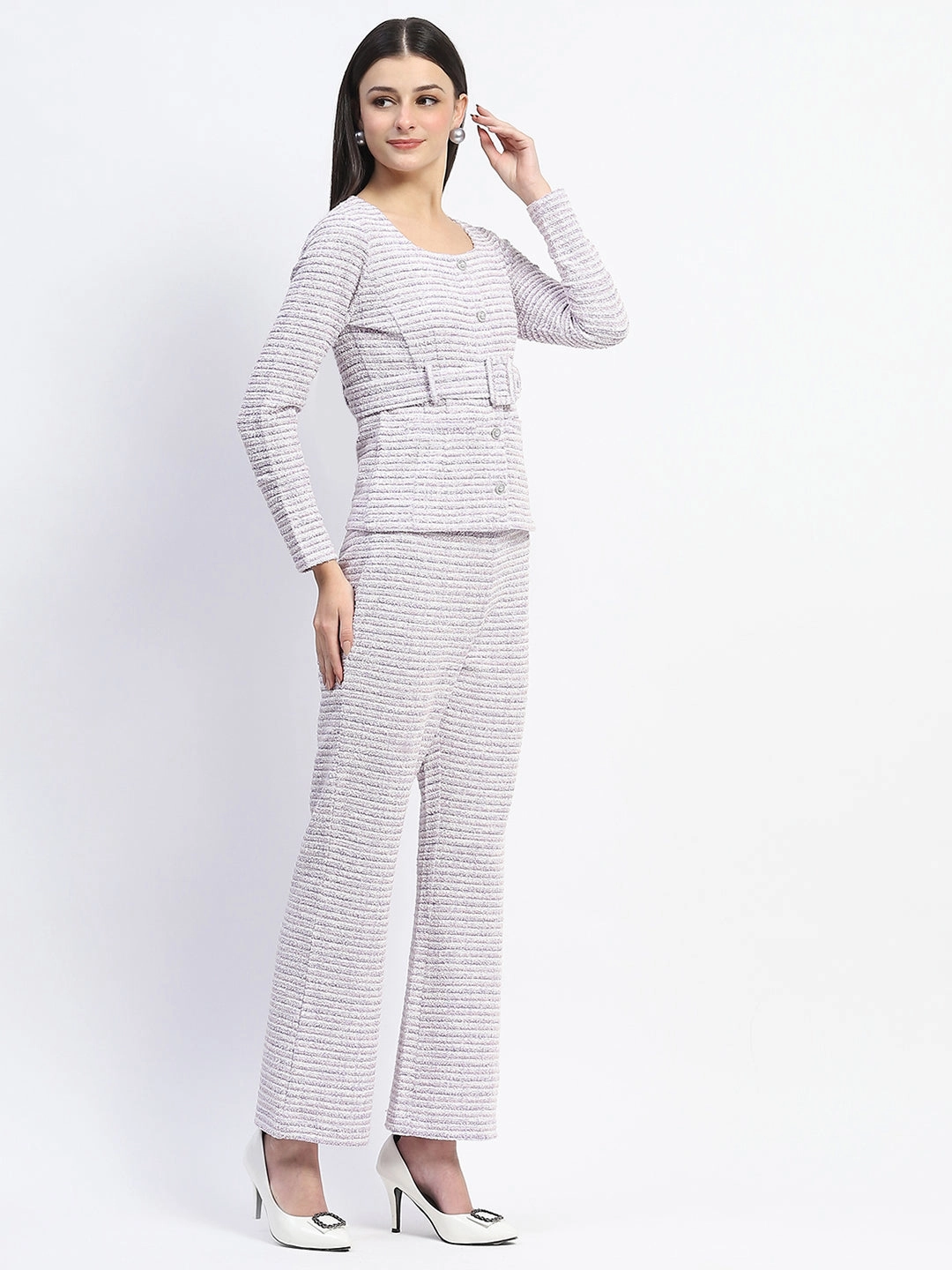 Madame Knitted Buttoned and Belted Top and Bottom Lavender Co-ord Set Dreamy Simplicity Gentle Stitch