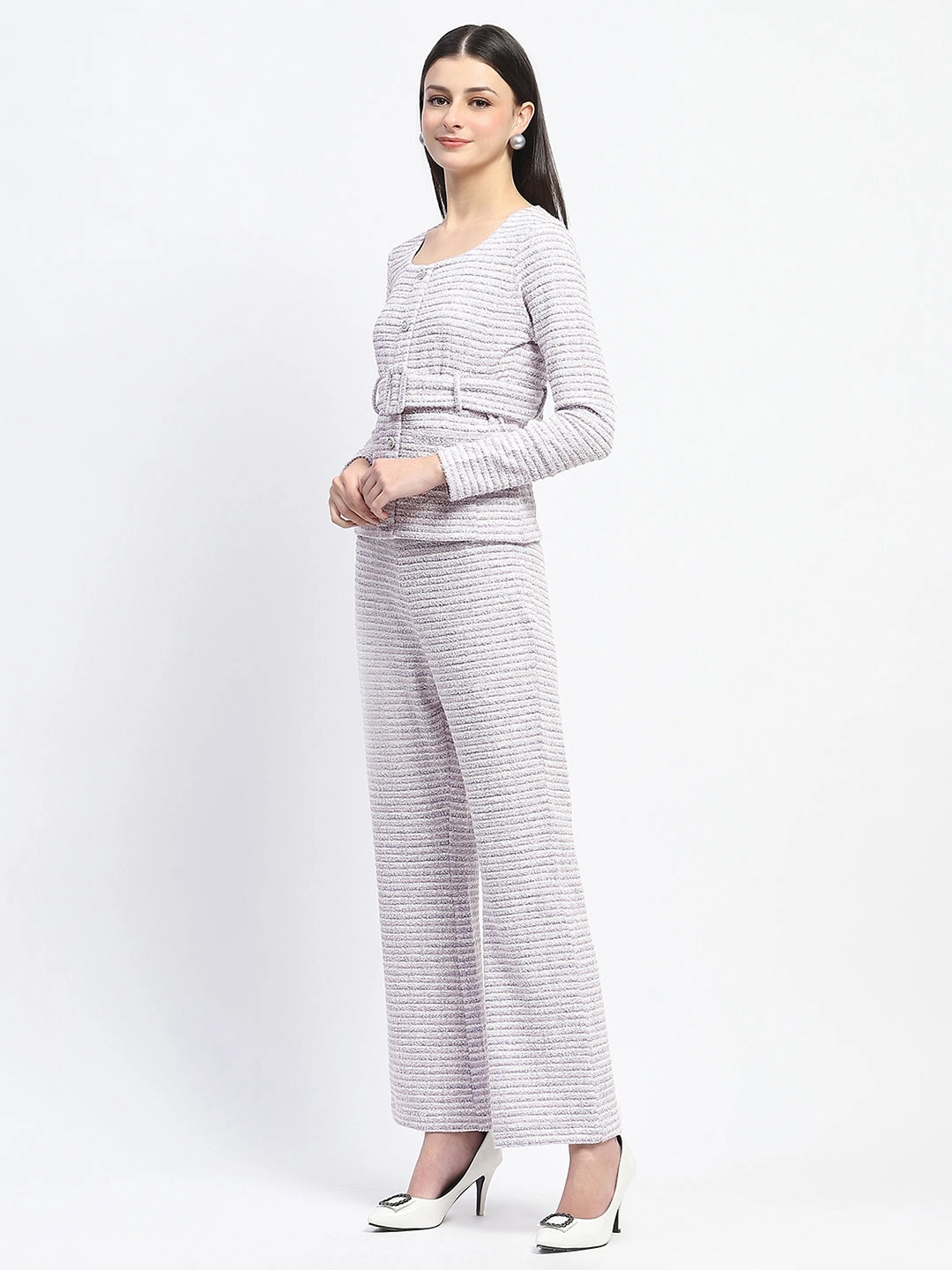 Madame Knitted Buttoned and Belted Top and Bottom Lavender Co-ord Set Textured Flow