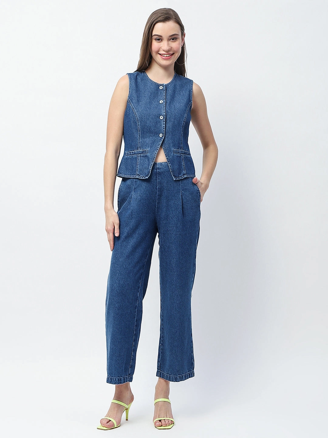 Romantic Bloom Madame Pintuck Detailed Top and Straight Trousers Mid Blue Co-ord Set