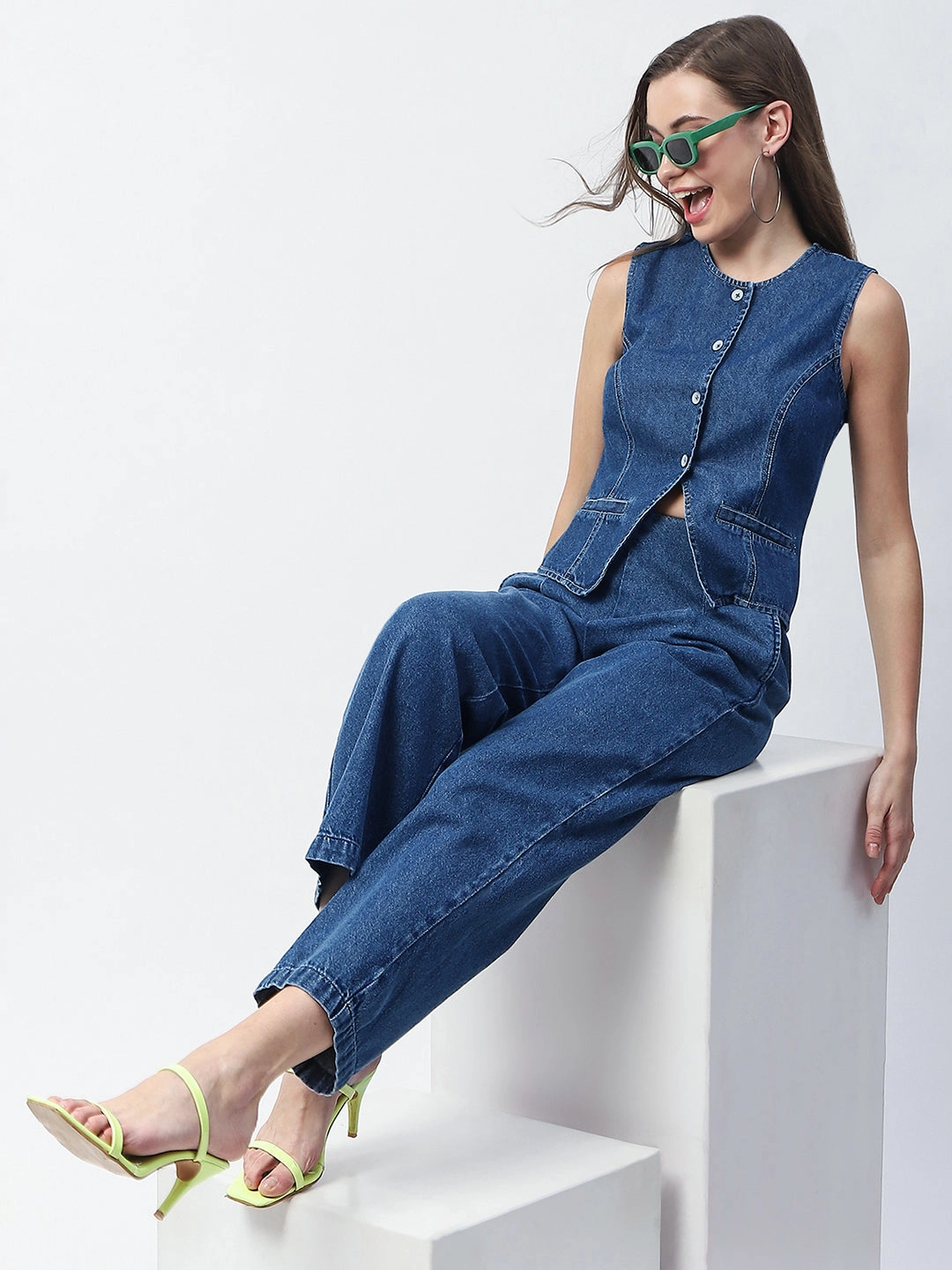Madame Pintuck Detailed Top and Straight Trousers Mid Blue Co-ord Set Charming Design