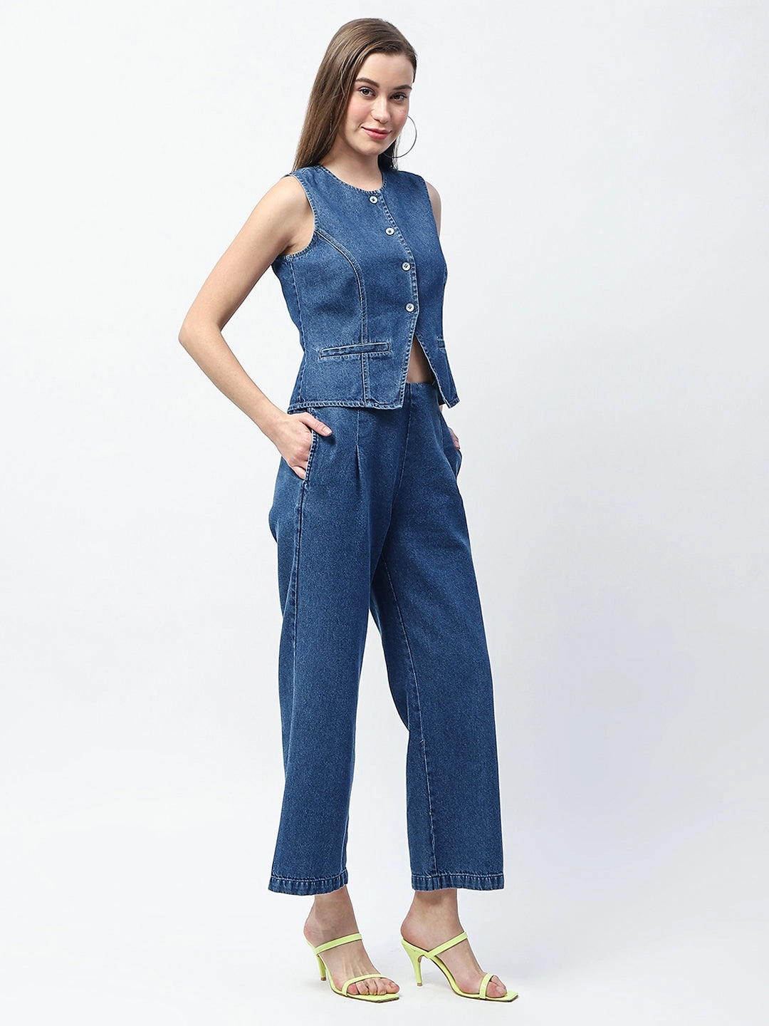Madame Pintuck Detailed Top and Straight Trousers Mid Blue Co-ord Set Side Ruching