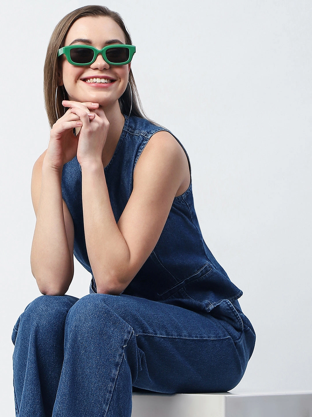 Sophisticated Wear Recycled-Material Madame Pintuck Detailed Top and Straight Trousers Mid Blue Co-ord Set