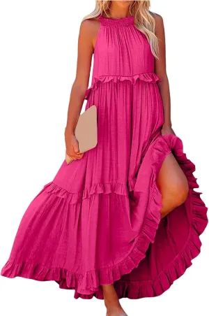 Sleeveless Dress for Women Smocked Halter Maxi Dresses Sexy Tiered Flowy Long Dress Summer Swing Tie Back Beach Dresses