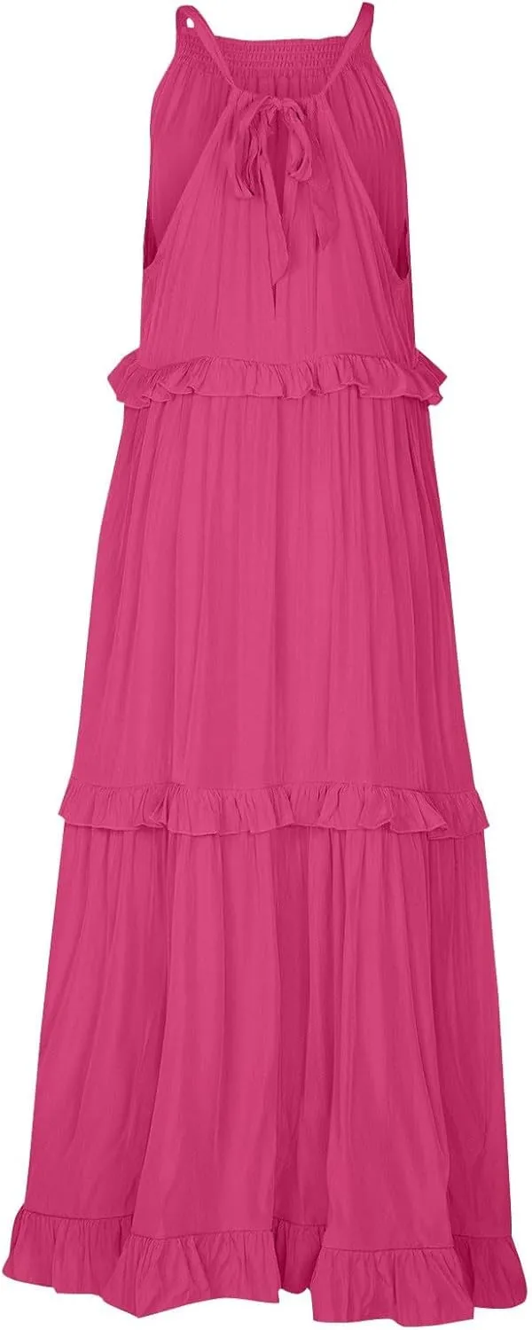 Sleeveless Dress for Women Smocked Halter Maxi Dresses Sexy Tiered Flowy Long Dress Summer Swing Tie Back Beach Dresses