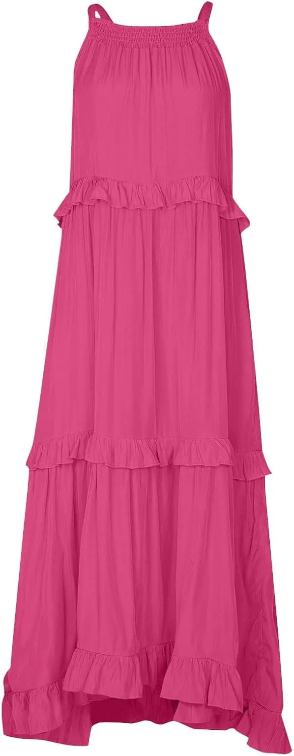 Sleeveless Dress for Women Smocked Halter Maxi Dresses Sexy Tiered Flowy Long Dress Summer Swing Tie Back Beach Dresses