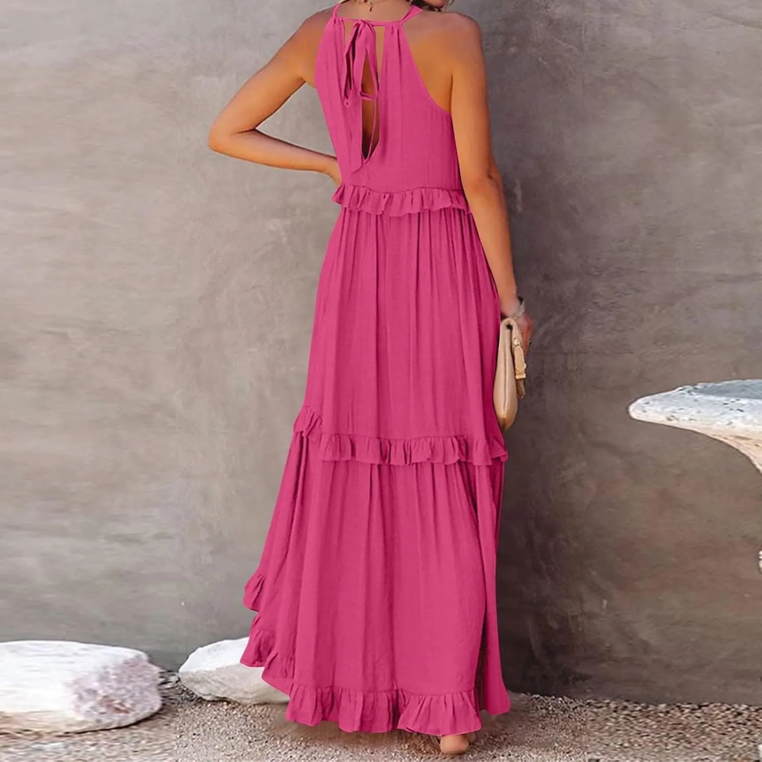 Sleeveless Dress for Women Smocked Halter Maxi Dresses Sexy Tiered Flowy Long Dress Summer Swing Tie Back Beach Dresses