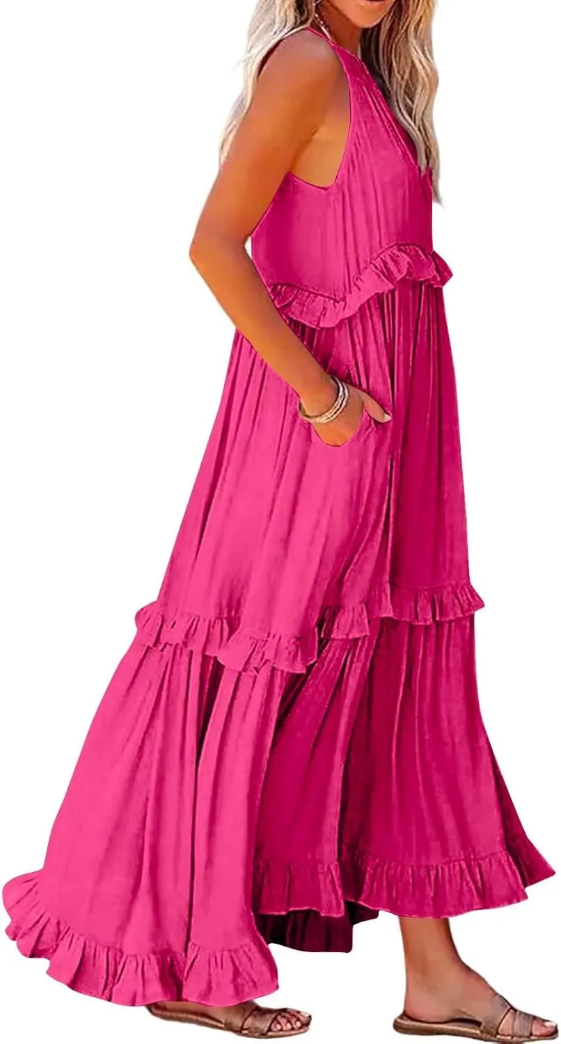 Sleeveless Dress for Women Smocked Halter Maxi Dresses Sexy Tiered Flowy Long Dress Summer Swing Tie Back Beach Dresses