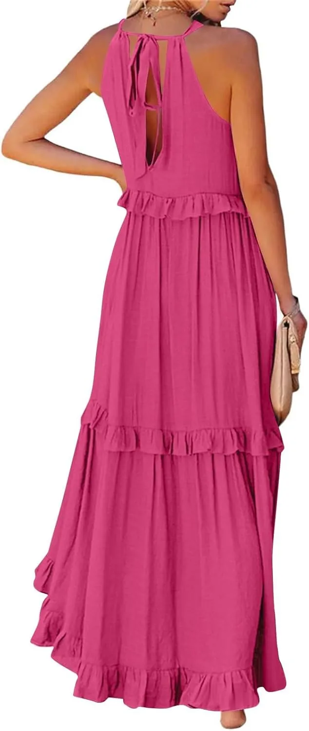 Sleeveless Dress for Women Smocked Halter Maxi Dresses Sexy Tiered Flowy Long Dress Summer Swing Tie Back Beach Dresses