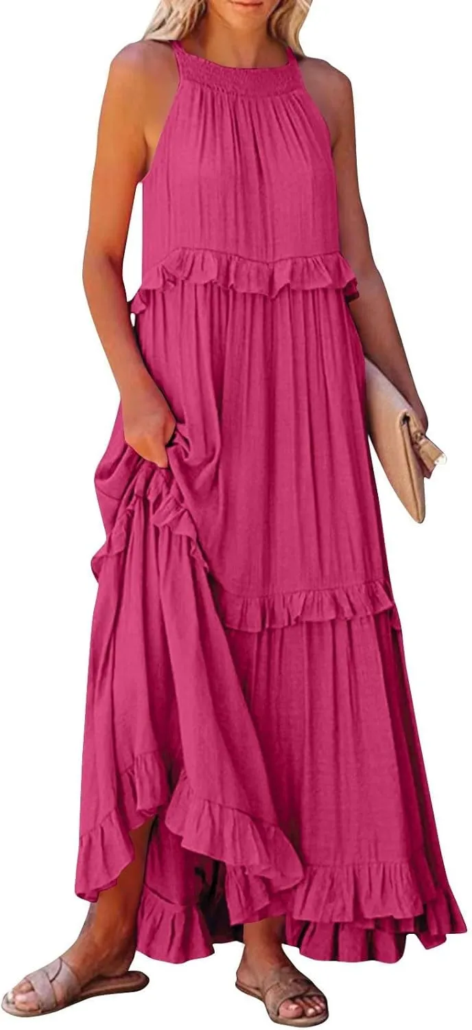 Sleeveless Dress for Women Smocked Halter Maxi Dresses Sexy Tiered Flowy Long Dress Summer Swing Tie Back Beach Dresses