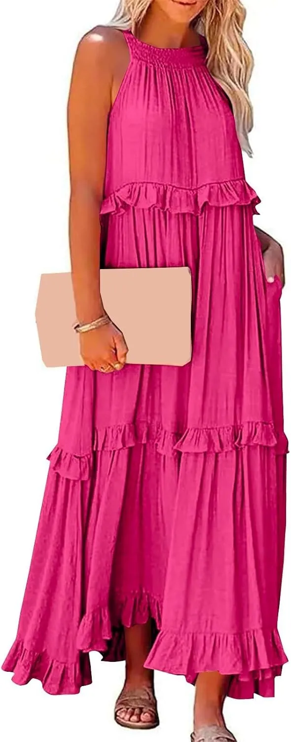 Sleeveless Dress for Women Smocked Halter Maxi Dresses Sexy Tiered Flowy Long Dress Summer Swing Tie Back Beach Dresses