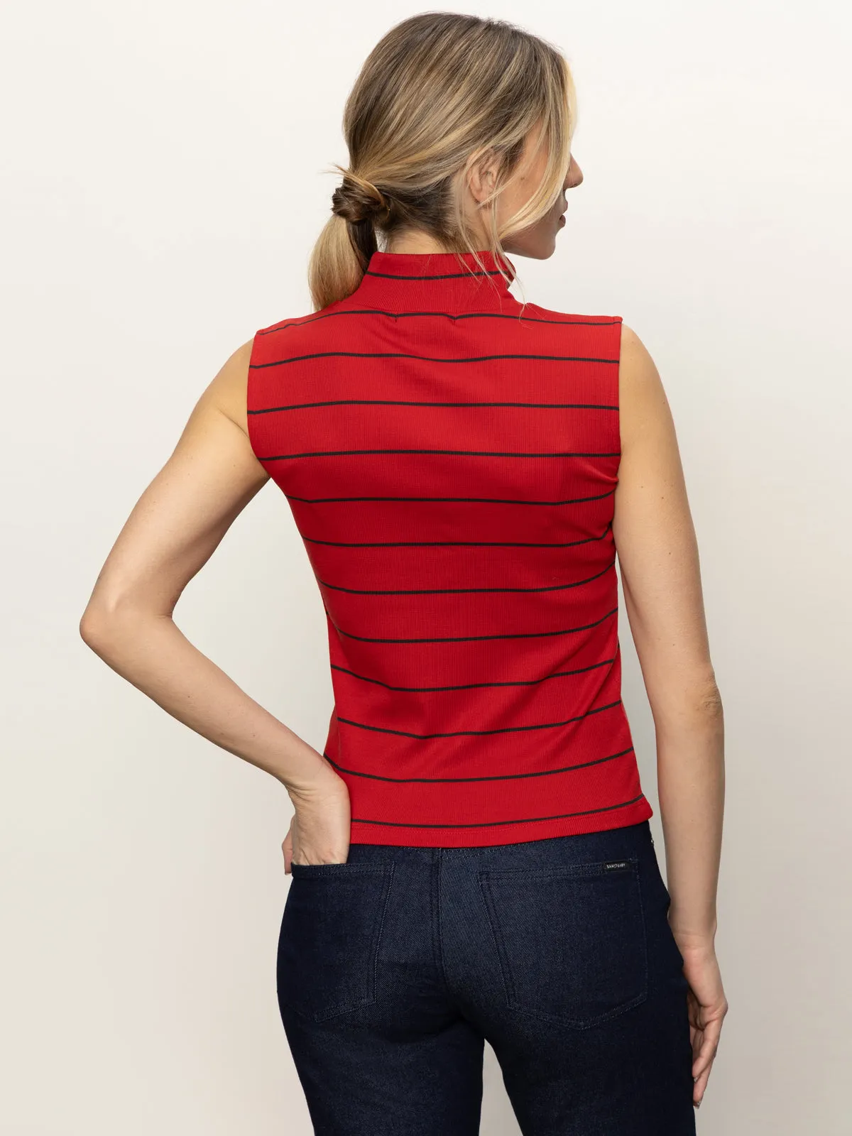 Pre Shrunk Cotton Sleeveless Zip Mock Top Red Energy/Black Stripe