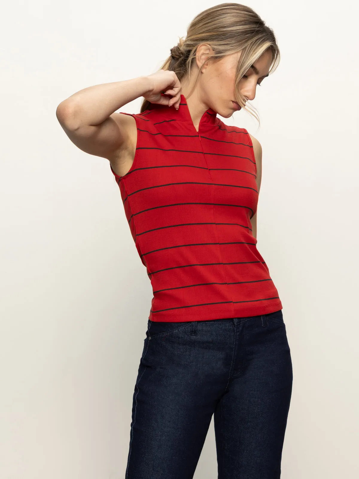 Comfy Wardrobe Sleeveless Zip Mock Top Red Energy/Black Stripe