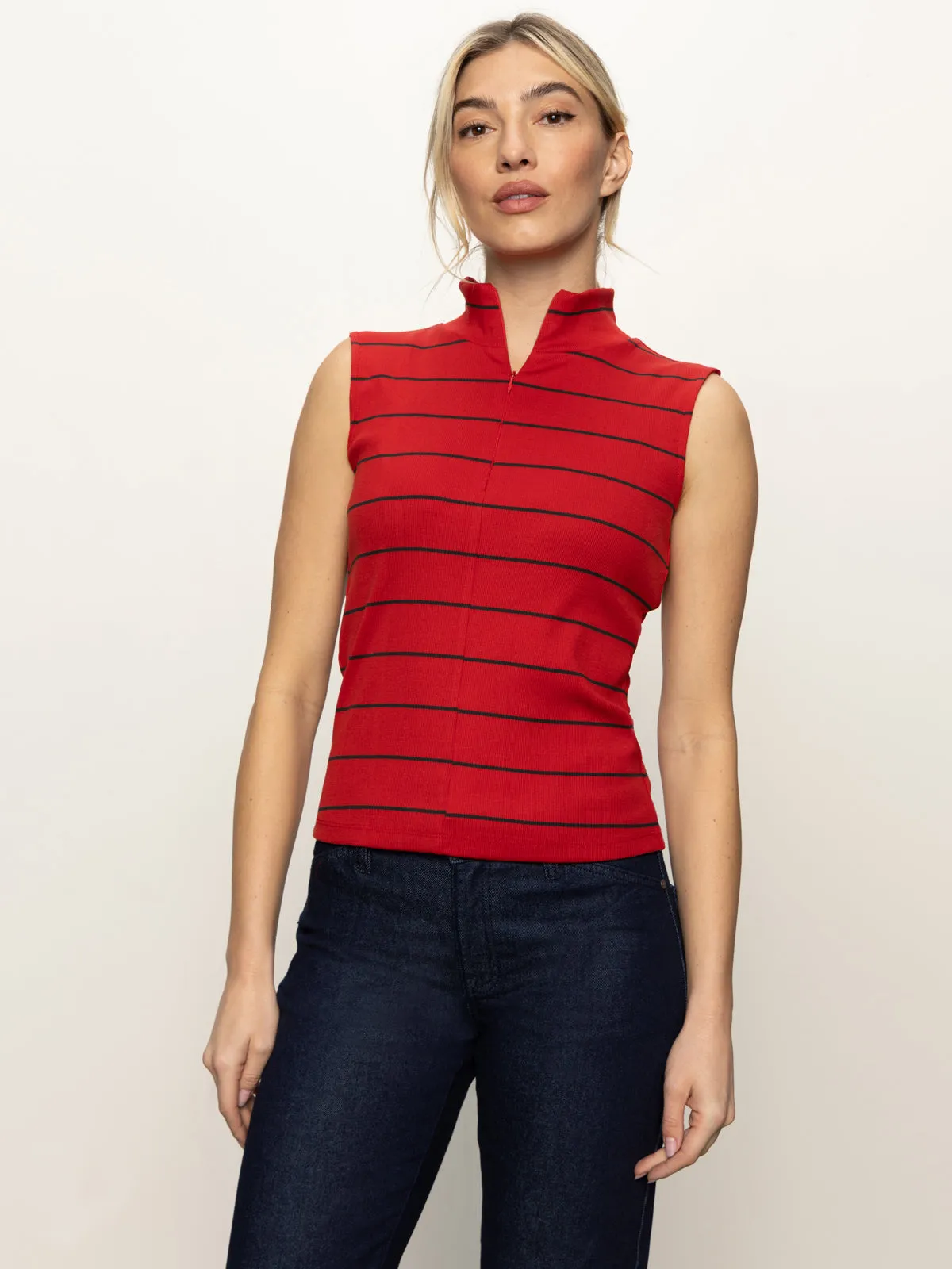 Sleeveless Zip Mock Top Red Energy/Black Stripe Smart Comfort