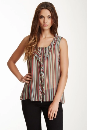 Sleeveless Scarf Neckline Top - Multi Stripe Printed T-shirt