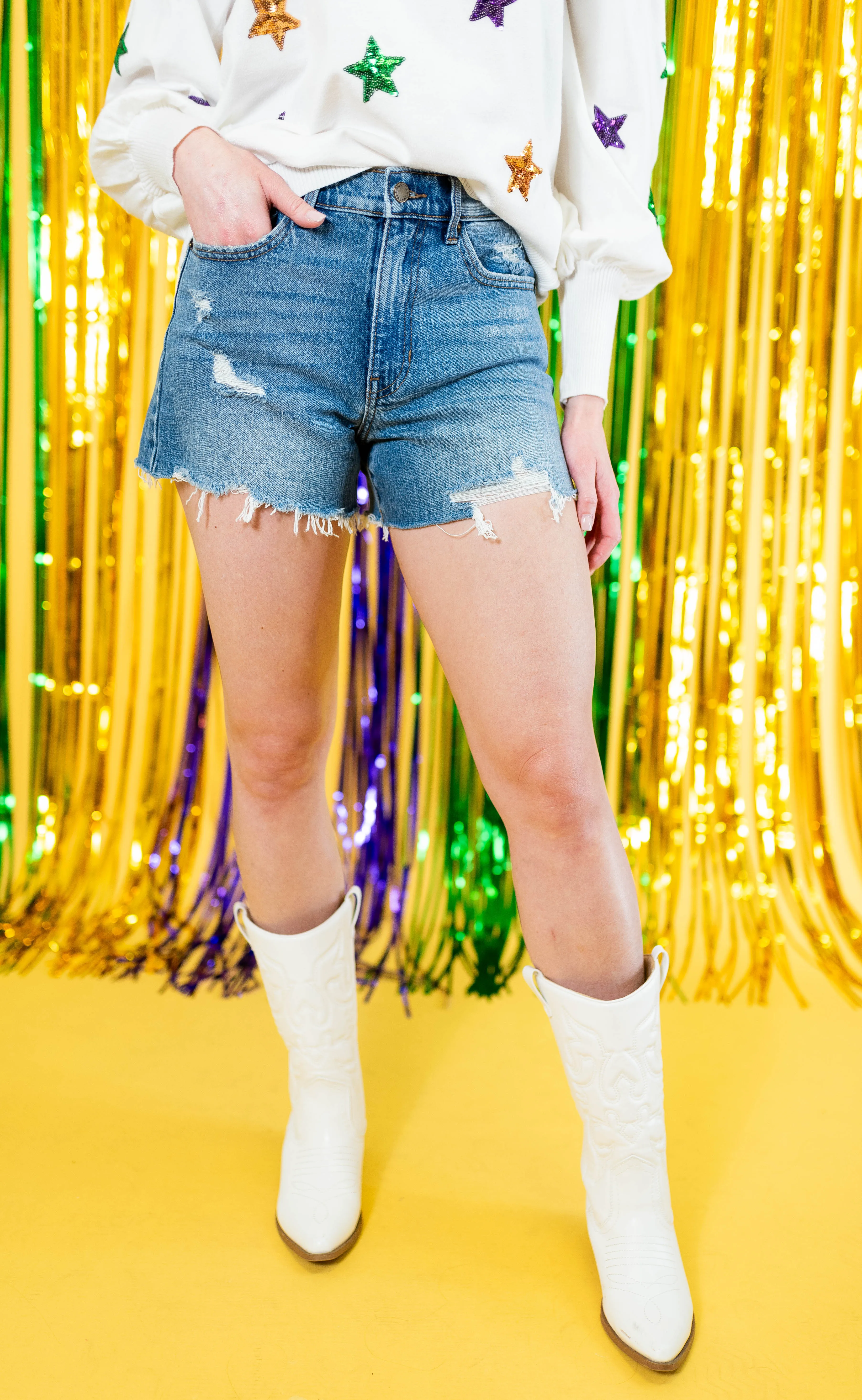 Slight Distressed Stretch Denim Shorts