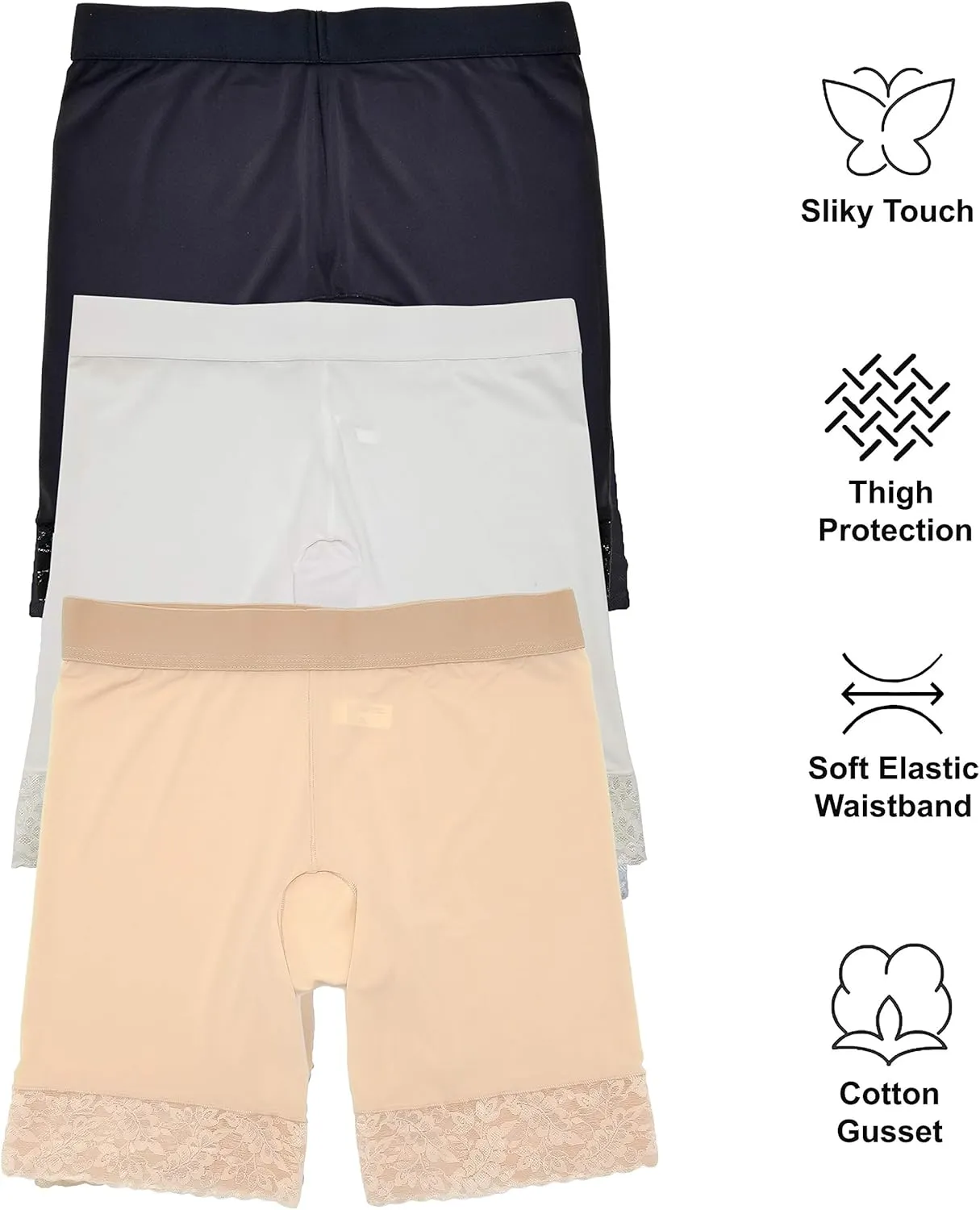 Slip Shorts for Women Smooth Lace 3 Pack 7" Undershorts Anti Chafing (S-5XL Plus)
