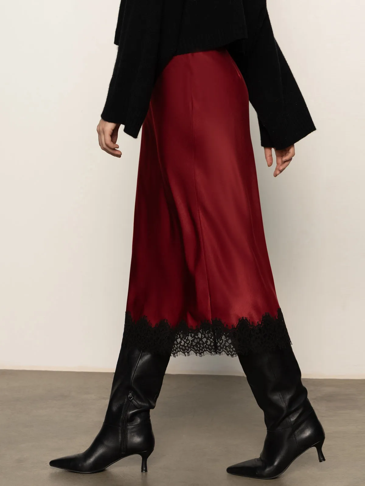 Asymmetrical Cut Slip Skirt With Lace Crimson