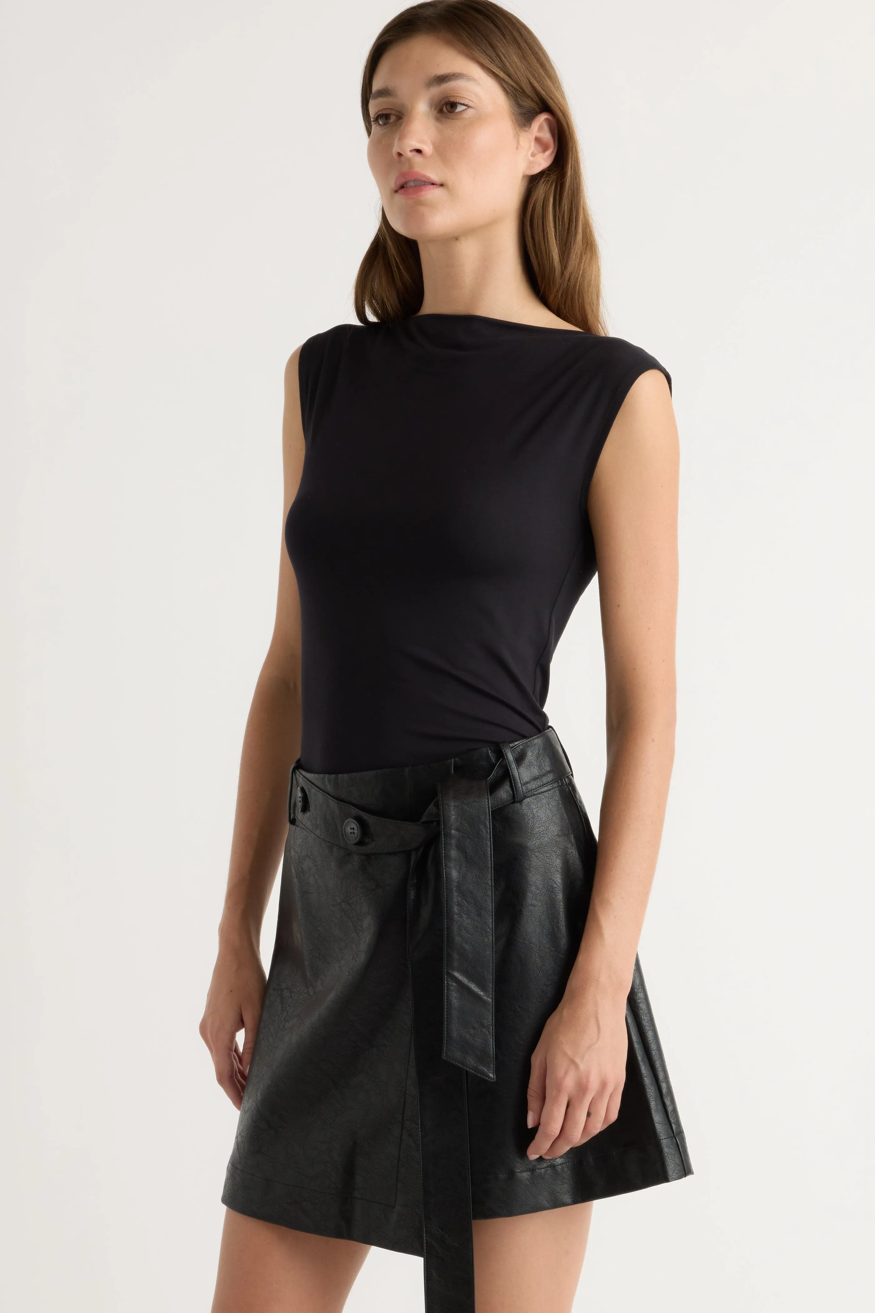 Tanner Vegan Leather Wrap Skirt Seamless construction