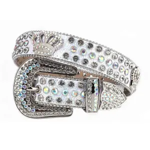 Sm  Rhinestones Leather Strap Belts Crystal White And White Multi Stones With Crown