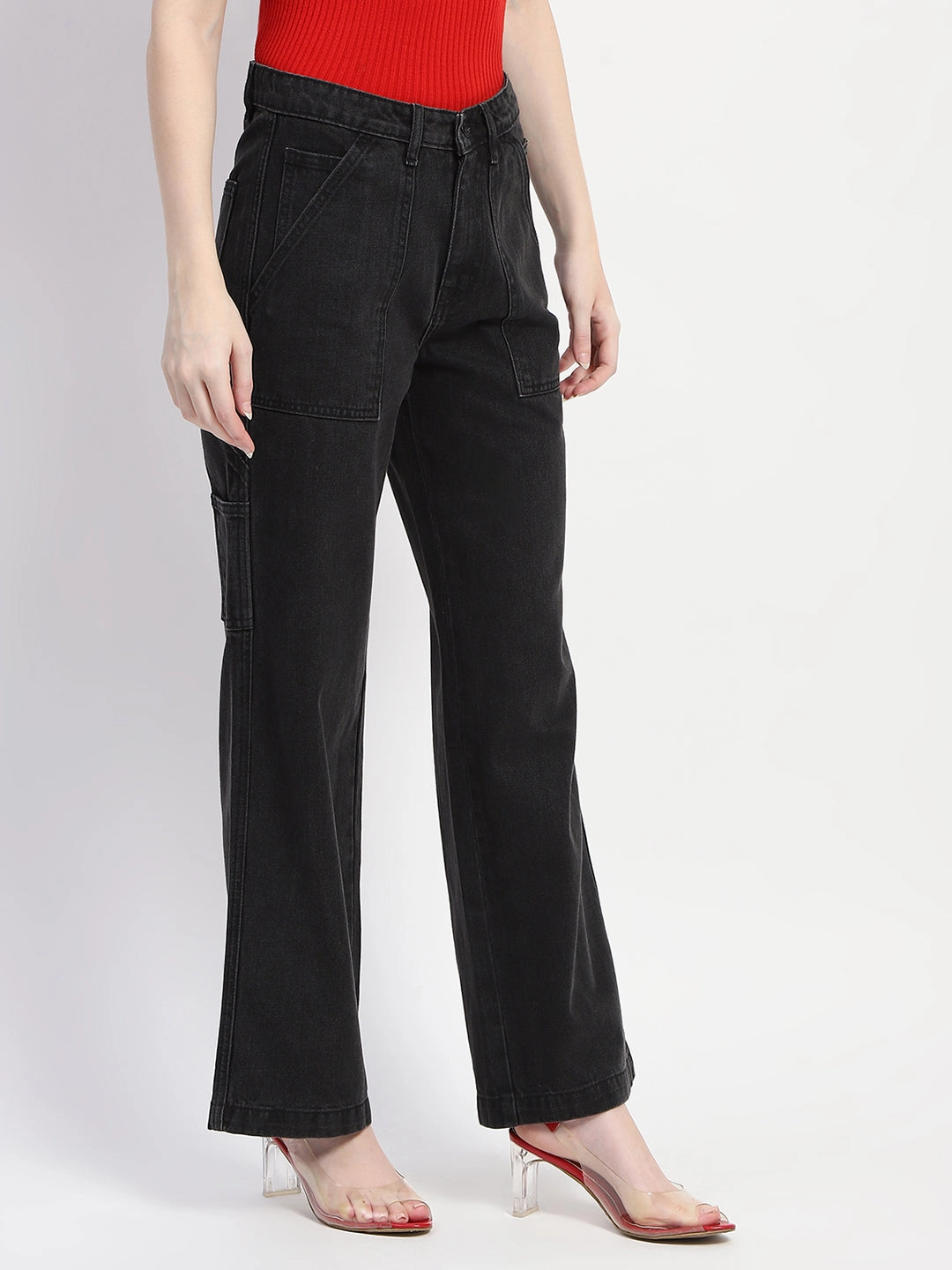 Madame Slant Pocket Flared Black Denim Anti Snag Thread Technology Flattering Waist Design