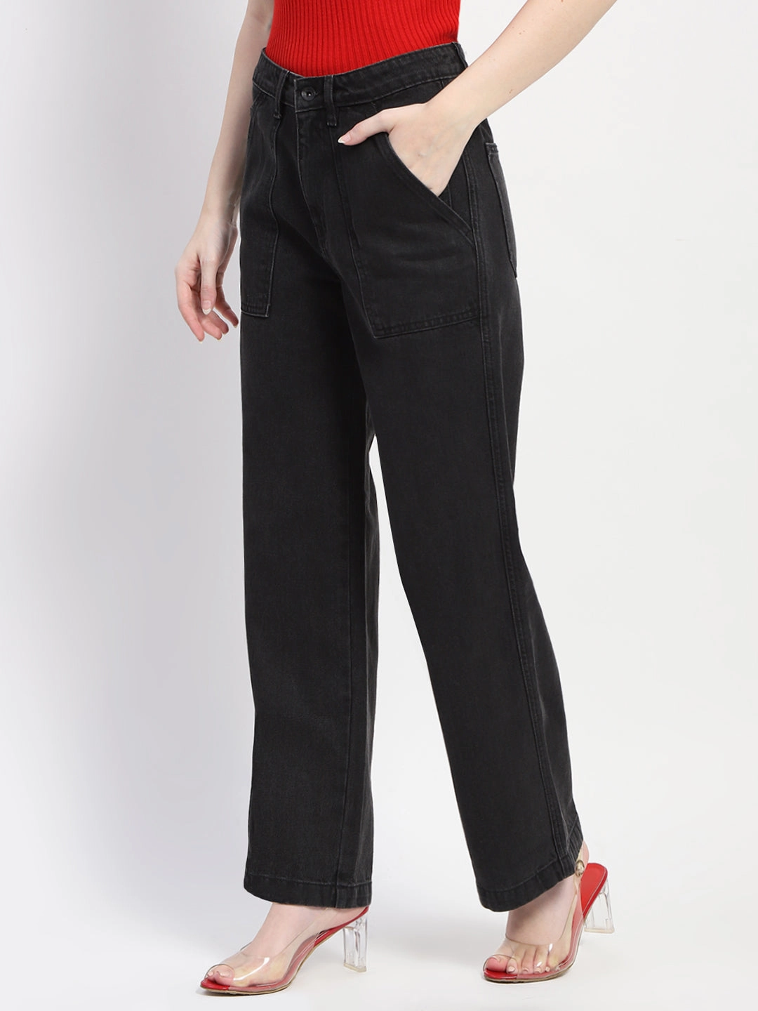 Madame Slant Pocket Flared Black Denim Gym Ready Vibrant Bold Casual Option