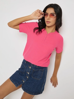 Madame Henley Neck Solid Hot Pink T-Shirt Comfortable Shape Hypoallergenic Fibers