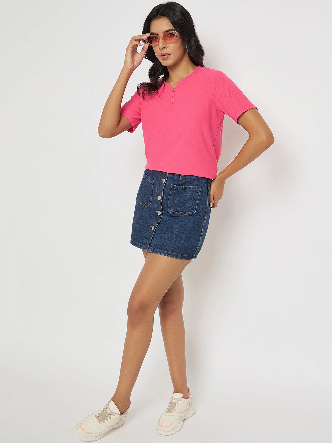 Madame Henley Neck Solid Hot Pink T-Shirt Casual and cool Effortless Wearable