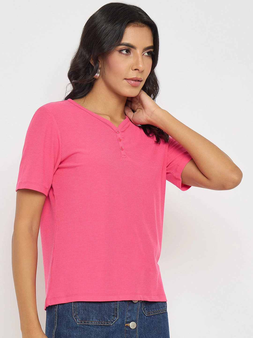 Madame Henley Neck Solid Hot Pink T-Shirt Vintage Look