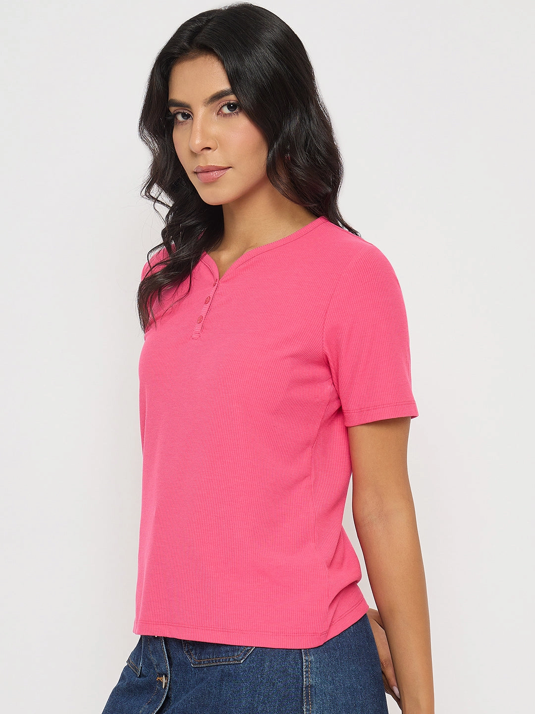 Madame Henley Neck Solid Hot Pink T-Shirt Quick Drying quick-drying