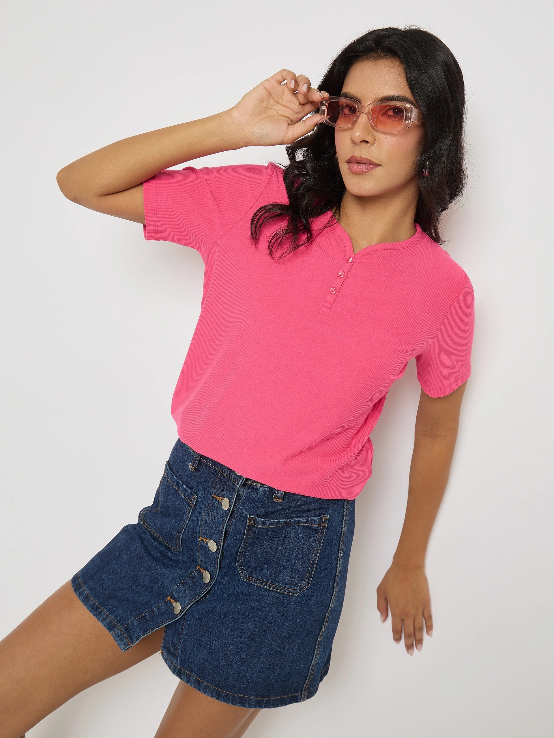 Madame Henley Neck Solid Hot Pink T-Shirt Comfortable Shape Hypoallergenic Fibers