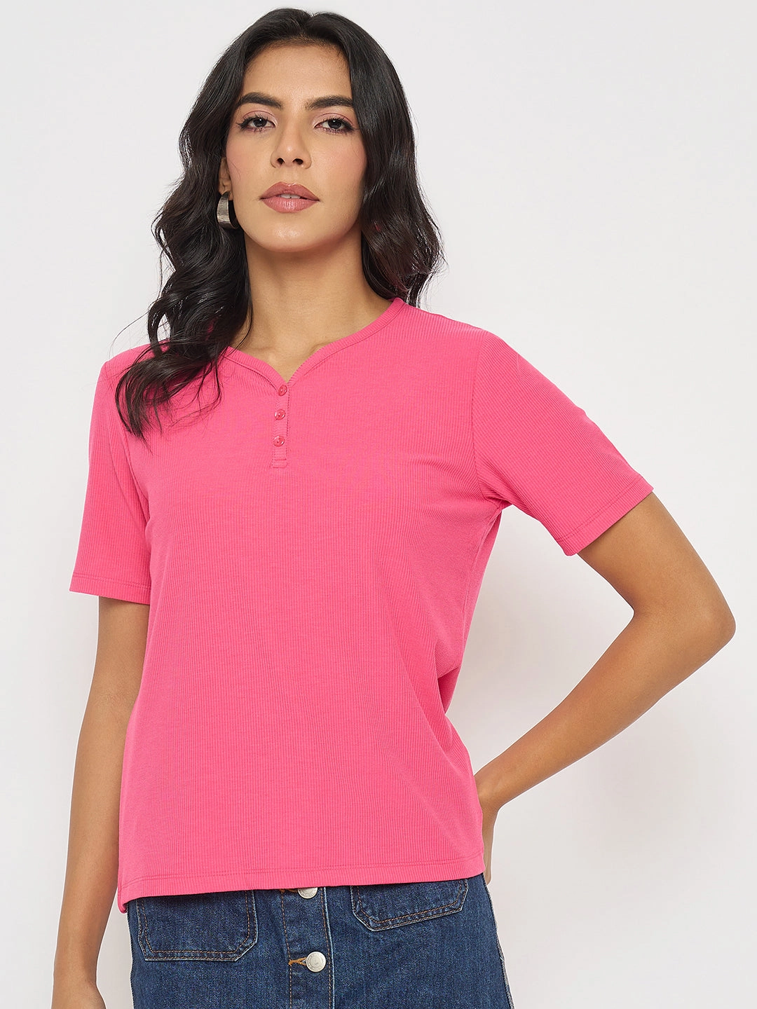 Madame Henley Neck Solid Hot Pink T-Shirt polo neck Seasonal top