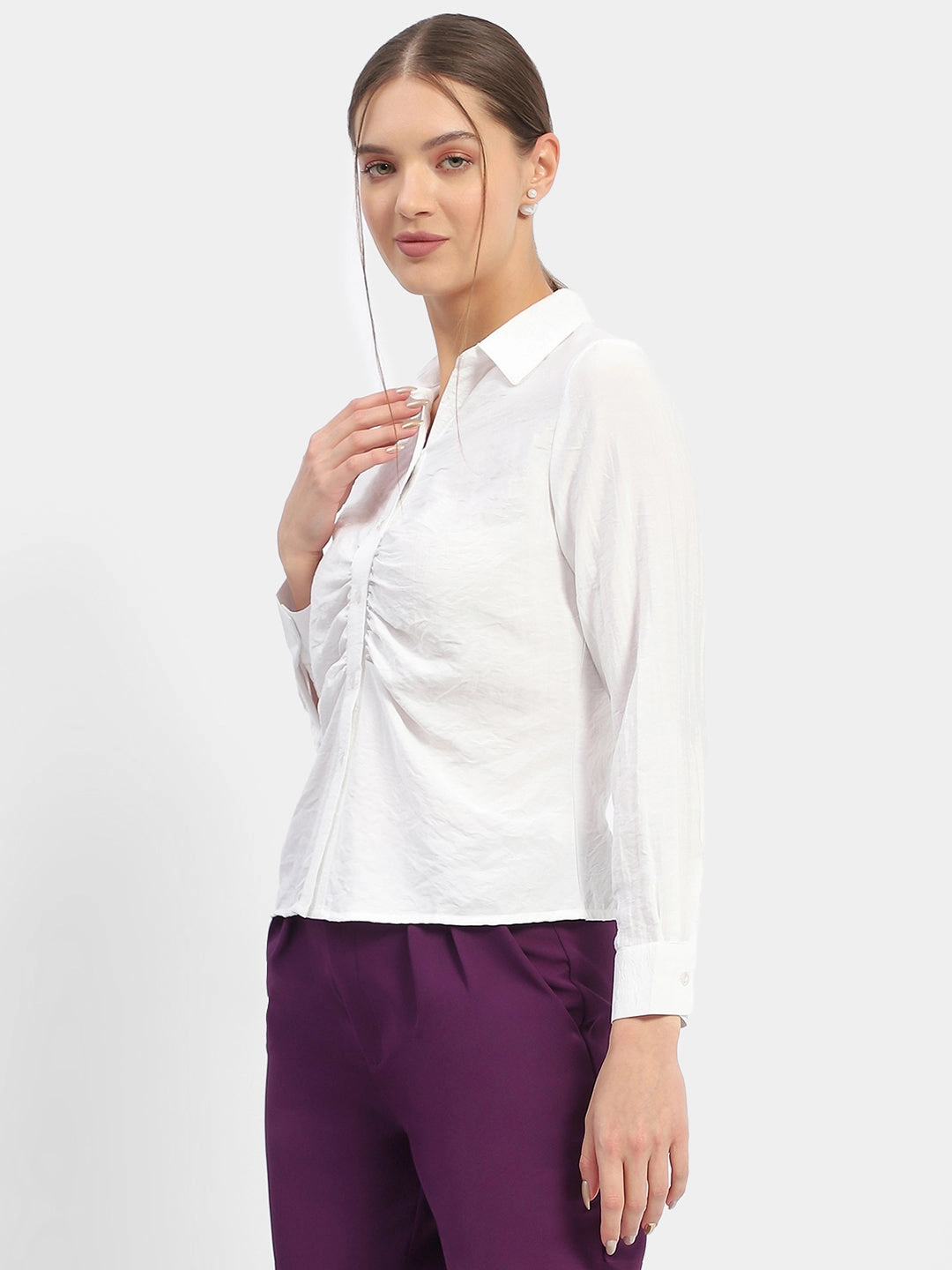 Classic Appeal Madame Textured White Ruched Shirt