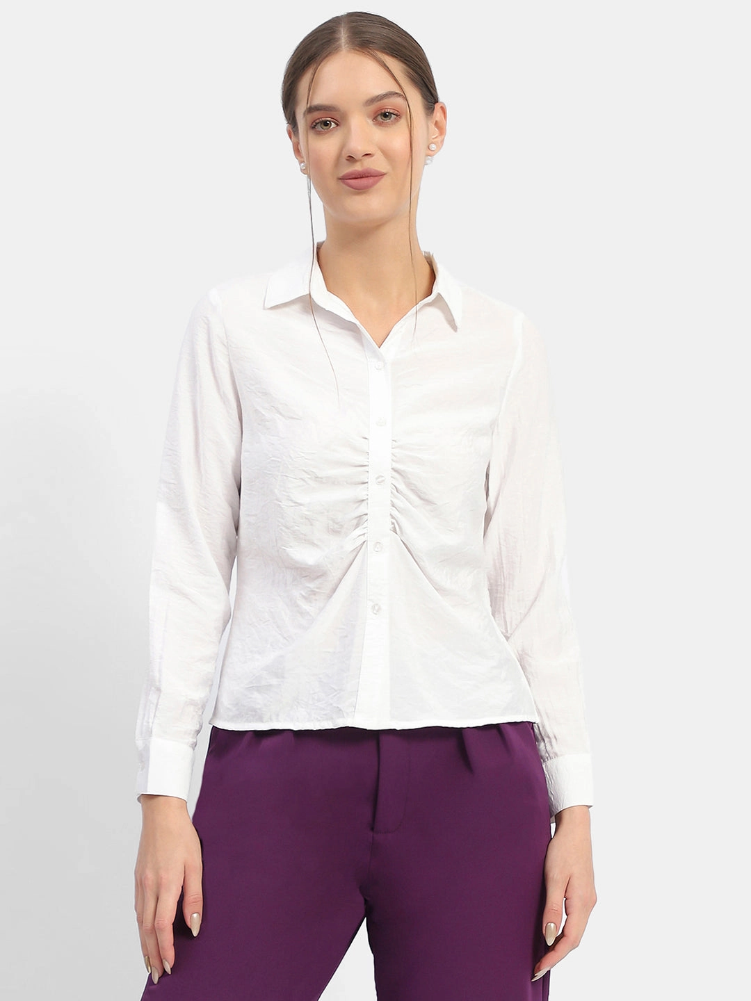 Neutral Shade Madame Textured White Ruched Shirt