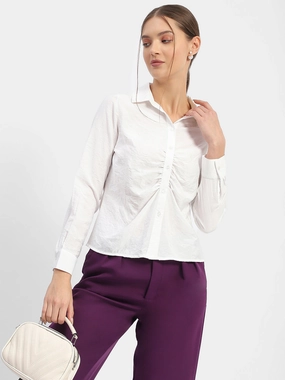 Madame Textured White Ruched Shirt All Day Comfort Tech
