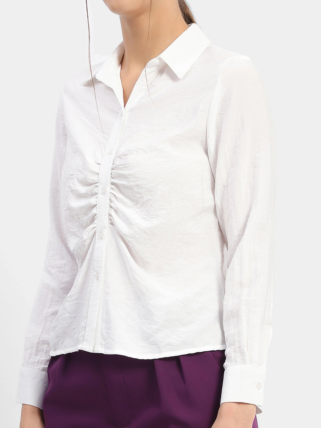 Madame Textured White Ruched Shirt Trendy Wear