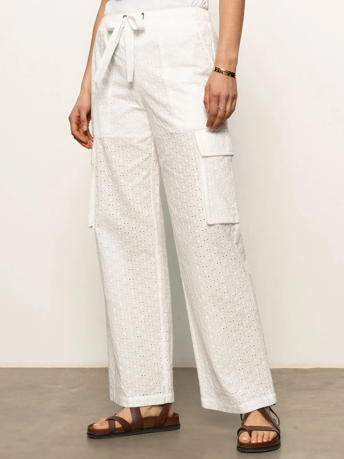 SoftTouchFinish Quality Material Free Time Eyelet Semi High Rise Pant Bleached White