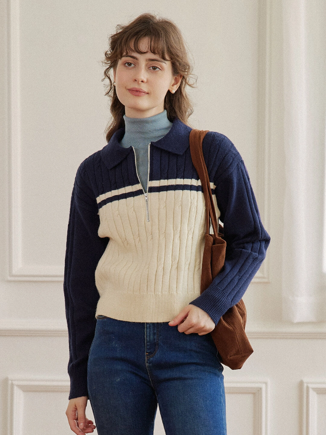 ??FINAL SALE??Lyla Polo Cable Blue Knit Sweater Breathable Texture